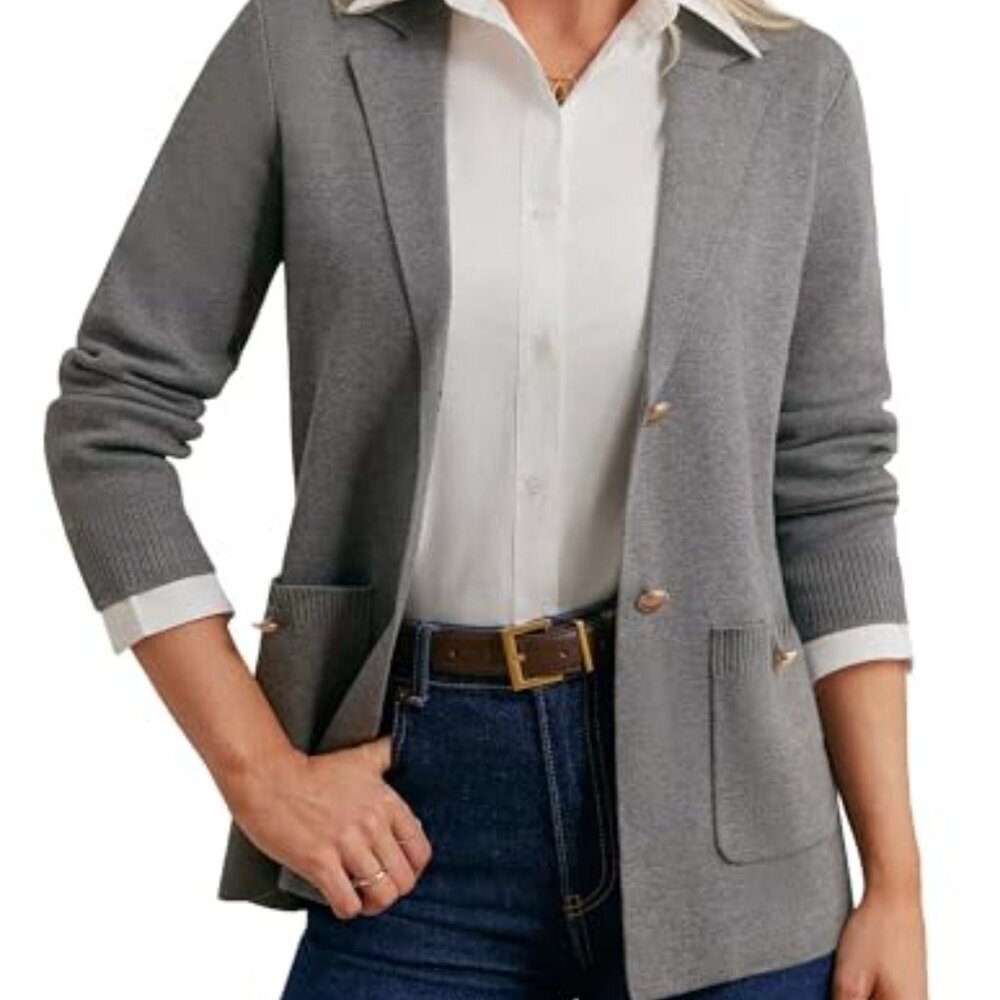 Soft Knit Blazer Cardigan Open Front Pockets Work Casual Fall Essential - Picture 3 of 8